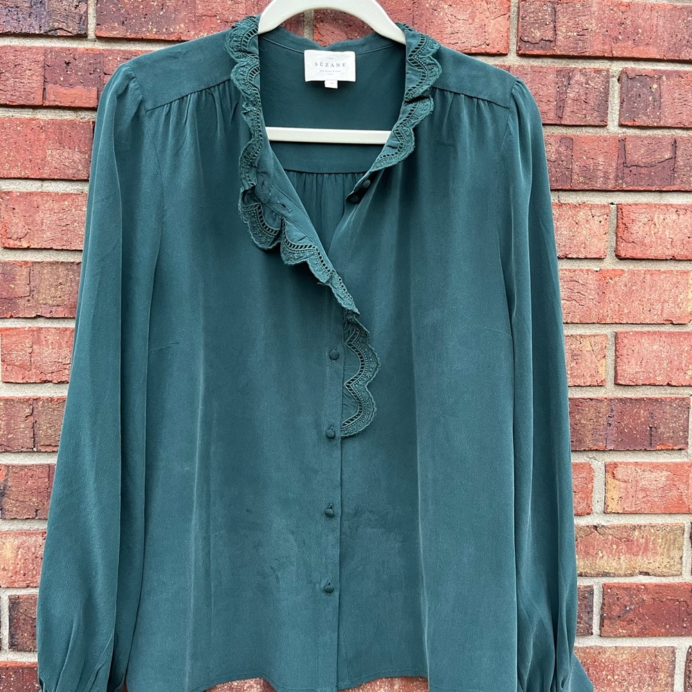 Sezane Chlo Dress Silk Shirt Blouse Embroidered Collar Bottle Green 44 16 12